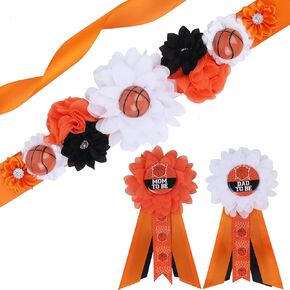 JOYMEMO Basketball Baby Shower Maternity Sash Kit - Sport Theme Baby Shower Belly Belt and Mom to Be & Dad to Be Corsage Pins, It's Game Time Basketball Decor, Pregnancy New Parents Photo Props