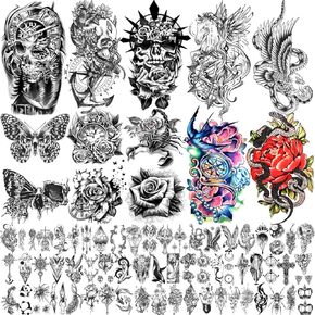 55 Sheets Temporary Tattoos 8 Large Full Arm 17 Half Arm and 30 Tiny Classic Fake Tattoo Waterproof Long Lasting Realistic Tattoos for Women Men and Kids Include Skull Lion Tiger Rose Snake Sticker