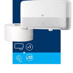 Tork Twin Mini Jumbo Toilet Paper Roll Dispenser White T2, Protects Rolls, Elevation Range, 5555200
