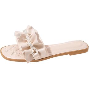Women'S Pearl Ruffled Square Open Toe Slides Sandals Fashionable Soft Flats Memory Foam Slip On Anti-Slip Dress Wedding Slippers