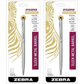 قلم حبر جاف قابل للسحب من Zebra Pen StylusPen، رأس رفيع، 0.7 مم، حبر أسود، أسطوانة فضية، عدد 1