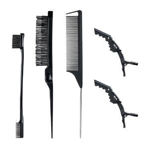 4 Pieces Hair Styling Comb Set Pink - Bristle Teasing Brush, Rat Tail Comb, Dual Edge Brush, Elastic band for Wig - Edges Back Brushing Combing Slicking - Women Girls Stylists Baby Beauty Accessories