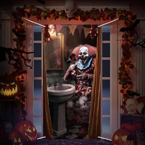 Halloween Clown Door Cover Evil Clown Halloween Decorations Scary Halloween Door Decorations Hanging Halloween Door Banner for Halloween Party Supplies Photo Backdrop, 70.9 x 35.4 Inch