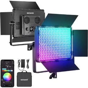 NEEWER 150W RGB LED Panel Video Light Kit with Barn Doors, 1800 LEDs 42500Lux@0.5m 2500K-10000K CRI96+/TLCI97+ 0-100% Dimming, APP/2.4G/Panel/DMX Control for Pro Studio Gaming Lighting, AP150C in Kuwait