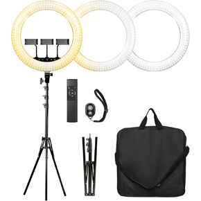LimoStudio 18-in LED Ring Light with Wireless Remote Control, Three Phone Holder, 2700-5500k Color Temperature for Vlog, Makeup, Beauty Facial Shoot, YouTube, AGG2405