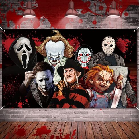 Halloween Horror Party Decorations, Horror Classic Movie Character Photo Backdrop 5.9x3.6Ft Large Horror Birthday Background Supplies for Kids Adults Decorations Photo Booth Props Wall Hanging Decor in Saudi Arabia