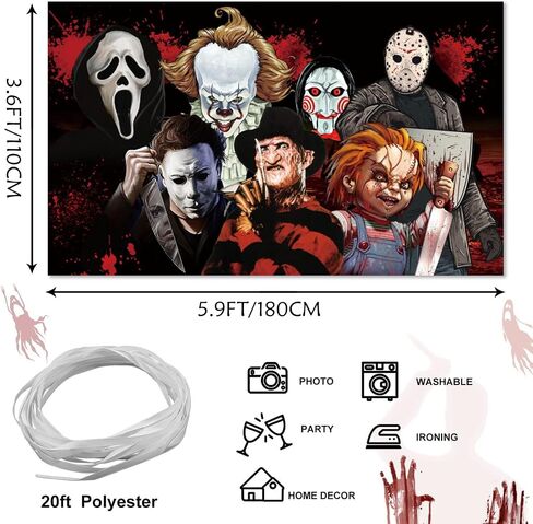 Halloween Horror Party Decorations, Horror Classic Movie Character Photo Backdrop 5.9x3.6Ft Large Horror Birthday Background Supplies for Kids Adults Decorations Photo Booth Props Wall Hanging Decor in Saudi Arabia