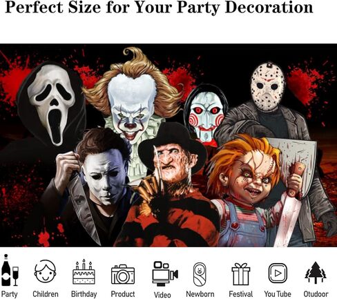 Halloween Horror Party Decorations, Horror Classic Movie Character Photo Backdrop 5.9x3.6Ft Large Horror Birthday Background Supplies for Kids Adults Decorations Photo Booth Props Wall Hanging Decor in Saudi Arabia