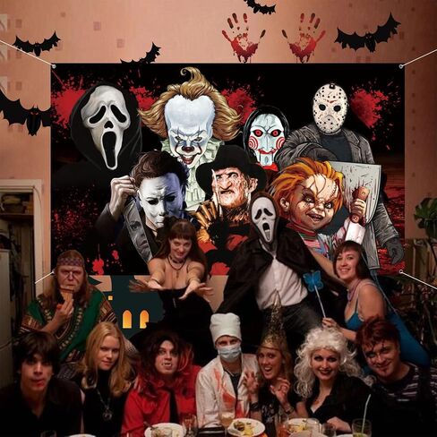 Halloween Horror Party Decorations, Horror Classic Movie Character Photo Backdrop 5.9x3.6Ft Large Horror Birthday Background Supplies for Kids Adults Decorations Photo Booth Props Wall Hanging Decor in Saudi Arabia