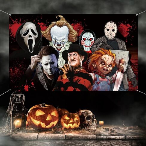 Halloween Horror Party Decorations, Horror Classic Movie Character Photo Backdrop 5.9x3.6Ft Large Horror Birthday Background Supplies for Kids Adults Decorations Photo Booth Props Wall Hanging Decor in Saudi Arabia