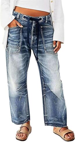 Flamingals Wide Leg Mid Waist Causal Baggy Barrel Jeans for Women Drawstring Eyelet Waist Denim Pants in Saudi Arabia