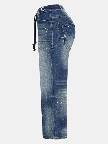 Flamingals Wide Leg Mid Waist Causal Baggy Barrel Jeans for Women Drawstring Eyelet Waist Denim Pants in Saudi Arabia