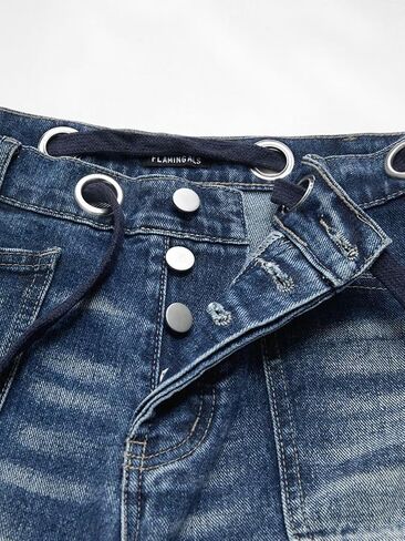 Flamingals Wide Leg Mid Waist Causal Baggy Barrel Jeans for Women Drawstring Eyelet Waist Denim Pants in Saudi Arabia