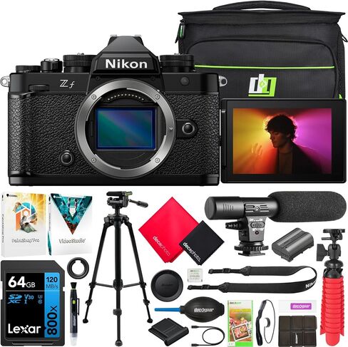 Nikon Z f Full Frame FX Mirrorless Interchangeable Lens Camera Body for Stills & 4K Video with Iconic Styling Black 1761 Bundle with Deco Gear Photography Bag + Microphone + Tripod & Accessories Kit in Saudi Arabia