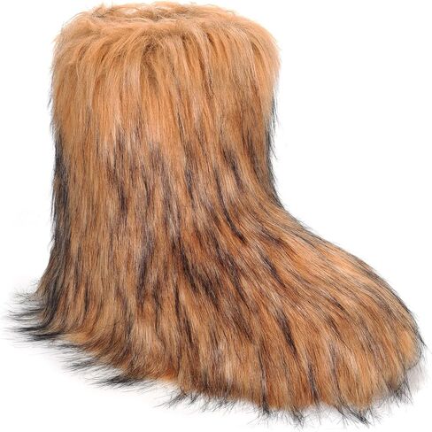 ZVC Women's Faux Fur Boots Furry Snow Boots Comfortable Fluffy Winter Boots Warm Fuzzy Mid-Calf Boots Outdoor Indoor Flat Shoes in Kuwait