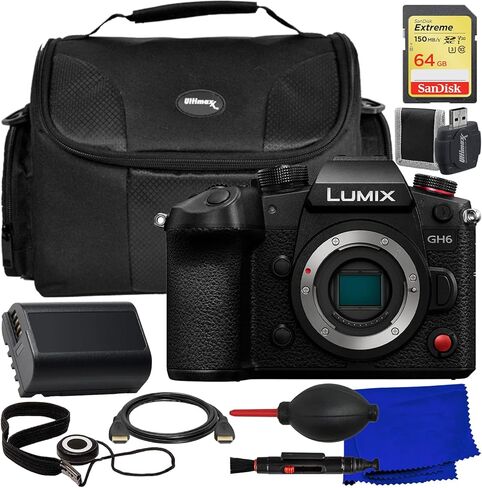 حزمة ملحقات Ultimaxx Starter + كاميرا Panasonic Lumix GH6 بدون مرآة (الهيكل فقط) + بطاقة ذاكرة SanDisk Extreme سعة 64 جيجابايت، بطارية احتياطية (2800 مللي أمبير في الساعة)، حقيبة أدوات مقاومة للماء والمزيد (حزمة مكونة من 18 قطعة) in Kuwait