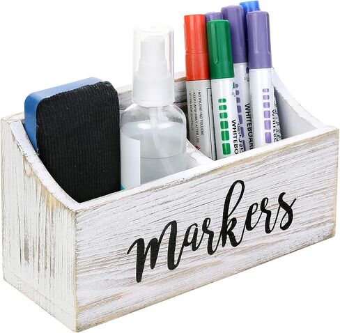 MyGift Magnetic Mount Vintage Gray Solid Wood Dry Erase Marker and Eraser Holder with 2 Compartments, Desktop Office Supplies Storage Organizer Bin with White Cursive Marker Lettering in Saudi Arabia