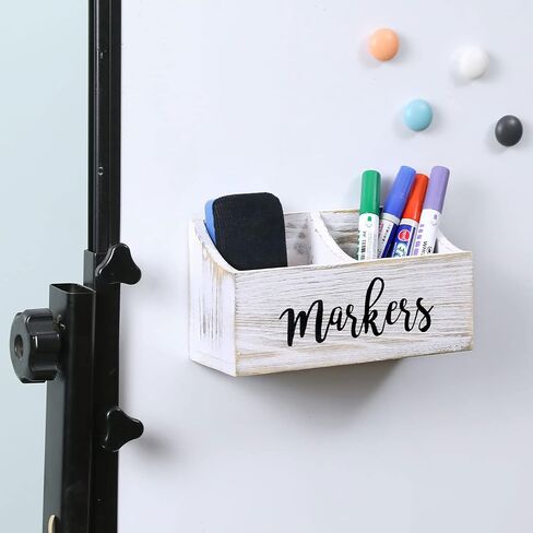 MyGift Magnetic Mount Vintage Gray Solid Wood Dry Erase Marker and Eraser Holder with 2 Compartments, Desktop Office Supplies Storage Organizer Bin with White Cursive Marker Lettering in Saudi Arabia