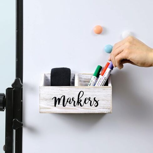 MyGift Magnetic Mount Vintage Gray Solid Wood Dry Erase Marker and Eraser Holder with 2 Compartments, Desktop Office Supplies Storage Organizer Bin with White Cursive Marker Lettering in Saudi Arabia