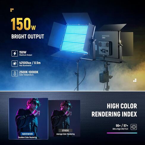 NEEWER 150W RGB LED Panel Video Light Kit with Barn Doors, 1800 LEDs 42500Lux@0.5m 2500K-10000K CRI96+/TLCI97+ 0-100% Dimming, APP/2.4G/Panel/DMX Control for Pro Studio Gaming Lighting, AP150C in Kuwait