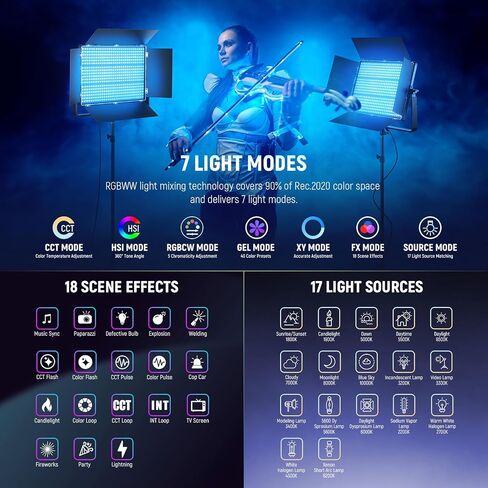 NEEWER 150W RGB LED Panel Video Light Kit with Barn Doors, 1800 LEDs 42500Lux@0.5m 2500K-10000K CRI96+/TLCI97+ 0-100% Dimming, APP/2.4G/Panel/DMX Control for Pro Studio Gaming Lighting, AP150C in Kuwait