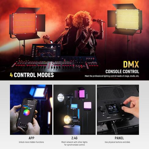 NEEWER 150W RGB LED Panel Video Light Kit with Barn Doors, 1800 LEDs 42500Lux@0.5m 2500K-10000K CRI96+/TLCI97+ 0-100% Dimming, APP/2.4G/Panel/DMX Control for Pro Studio Gaming Lighting, AP150C in Kuwait