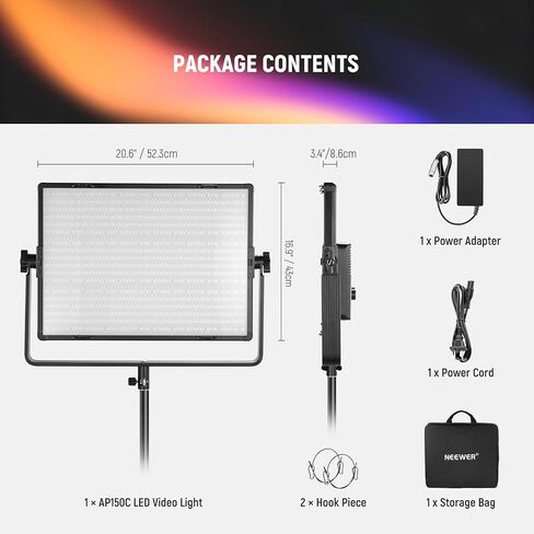 NEEWER 150W RGB LED Panel Video Light Kit with Barn Doors, 1800 LEDs 42500Lux@0.5m 2500K-10000K CRI96+/TLCI97+ 0-100% Dimming, APP/2.4G/Panel/DMX Control for Pro Studio Gaming Lighting, AP150C in Kuwait