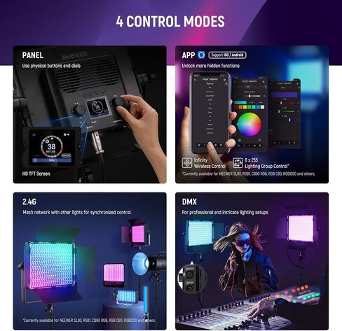 NEEWER 150W RGB LED Panel Video Light Kit with Barn Doors, 1800 LEDs 42500Lux@0.5m 2500K-10000K CRI96+/TLCI97+ 0-100% Dimming, APP/2.4G/Panel/DMX Control for Pro Studio Gaming Lighting, AP150C in Saudi Arabia