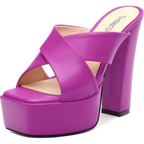 SHOWFOREST Heels for Women Platform Block High Heel Square Open Toe Matte 5 Inch Sandals Slip on Fashion Party Wedding Dating Dress Shoes