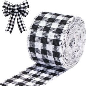 joycraft Buffalo Plaid Wired Edge Ribbons, Christmas Burlap Fabric Ribbon Roll with Checkered Edge, 2.5" x 11 Yds Burlap Ribbon for Christmas Party Decor, Gift Wrapping(Black + White)