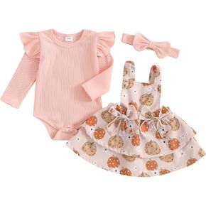 Baby Girl Halloween Outfit Ruffle Long Sleeve Romper Pumpkin Ghost Embroidery Suspender Skirt Overall Dress Set