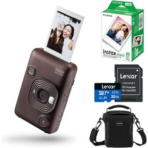 كاميرا Fujifilm Instax Mini LiPlay Hybrid الفورية، برونزية عميقة، حزمة مع 20 فيلم تعريض، بطاقة ذاكرة UHS-I microSDHC سعة 32 جيجابايت وحقيبة كتف (برونزية عميقة) in Kuwait