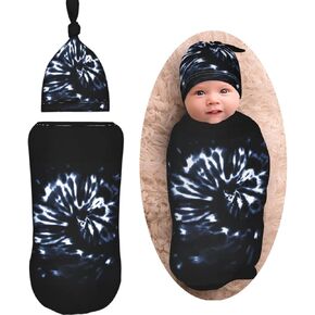 Tie Dye Spiral Shibori Dark Newborn Swaddle Blanket with Beanie Set Soft Baby Sleep Sack Stretch Adjustable Swaddle Wraps Receiving Blankets for Baby Boys