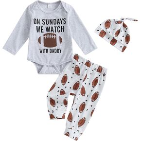 Baby Boys Fall Outfits Long Sleeve Crew Neck Letters Print Romper Football Print Sweatpants Hat 3Pcs Cute Clothes