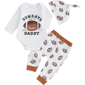 Baby Boys Fall Outfits Long Sleeve Crew Neck Letters Print Romper Football Print Sweatpants Hat 3Pcs Cute Clothes in Kuwait