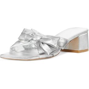 Adrizzlein Mules for Women Heels Bow Heels Mules Square Open Toe Chunky low Heel Sandals Slip On Summer Slides Dress Shoes