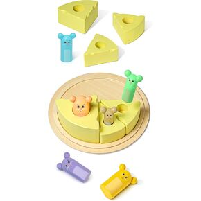 Bimi Boo Wooden Knobbed Cylinder Pegs for Toddlers - Shape Sorting & Matching Montessori Game - Size Learning Resource for Kids (6 Mice Pegs, 6 Cheese Blocks, 1 Plate)