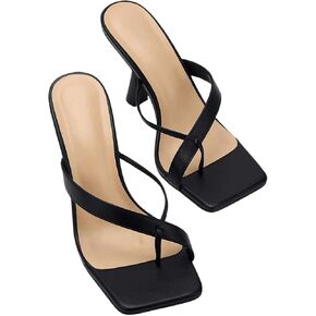 OYOANGLE Women's Square Toe Heeled Sandals Toe Ring Cross Strap Flip Flop Elegant High Stiletto Heels