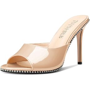TNYNFBEB Womens Stiletto High Heel Peep Open Toe Sandals Mules Shoes Slingback Slip-on Silver Beaded Prom Party Dress Patent Leather 3.9 Inches Heels