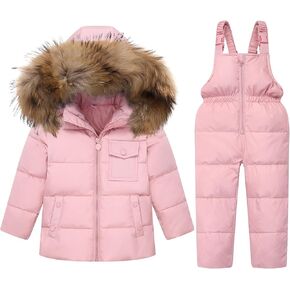 JiAmy Kids 2-Piece Snowsuit Set, Girls Winter Hooded Puffer Jacket & Snow Bib Pant, Boy Ski Suits Ultralight Outfit 1-7 Years