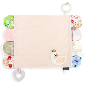 DEMDACO Mommy & Me Colorful 17 x 11.5 Inch Textured Fabric, Teething Ring, Tactile, Stroller Clip-on, Activity Blanket, Blankie, Pink, Swan