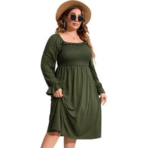 KOJOOIN Women's Plus Size Ruffle Long Sleeve Dress Square Neck High Waist Smocked Tunic Maxi Dress Maternity Dress