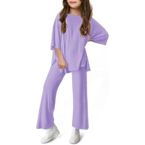 Haloumoning Girls Clothing Sets Summer Oversized T Shirts and Wide Leg Pants Kids Fashion 2 Piece Outfits 4-14 Years