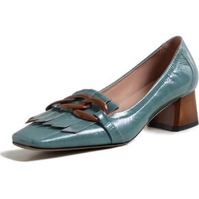 Women's Genuine Leather Square Toe Chunky Heel Retro Loafers Shoes with Chain Handmade Tassels Pumps Shoes