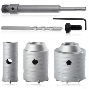 Hole Saw Kits 4Pcs Concrete Hole Saw Drill Bit 30 50 65 mm SDS Plus Shank Hole Saw with 200mm Connecting Rod Tungsten Carbide Teeth Circle Drill Bit for Cement Stone Concrete Foam Brick Wall