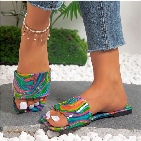 GORGLITTER Women's Colorful PU Leather Dressy Flat Sandals Square Open Toe Sandals Summer Beach Slides in Saudi Arabia