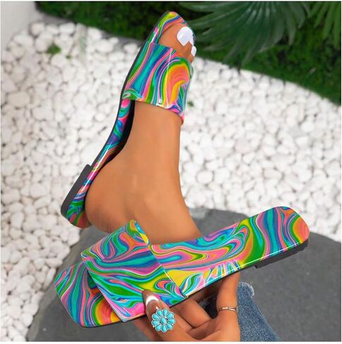 GORGLITTER Women's Colorful PU Leather Dressy Flat Sandals Square Open Toe Sandals Summer Beach Slides in Saudi Arabia