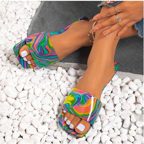 GORGLITTER Women's Colorful PU Leather Dressy Flat Sandals Square Open Toe Sandals Summer Beach Slides in Saudi Arabia