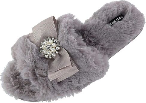 London Faux Fur Bow Slippers with Rhinestones - Open Toe House Slides in Black (sizes Small to XLarge) in Saudi Arabia