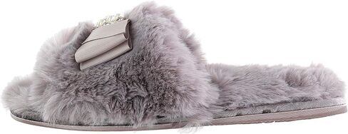 London Faux Fur Bow Slippers with Rhinestones - Open Toe House Slides in Black (sizes Small to XLarge) in Saudi Arabia